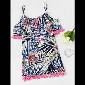 Open Shoulder Printed Tassel Hem Dress